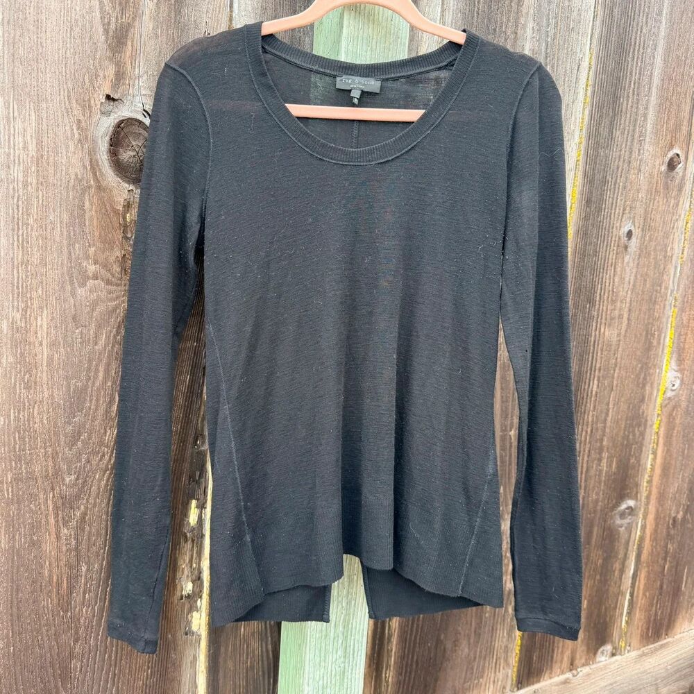 Rag & Bone Women S Black Wool Silk Sheer Knit Sweater Split Hem Base Layer